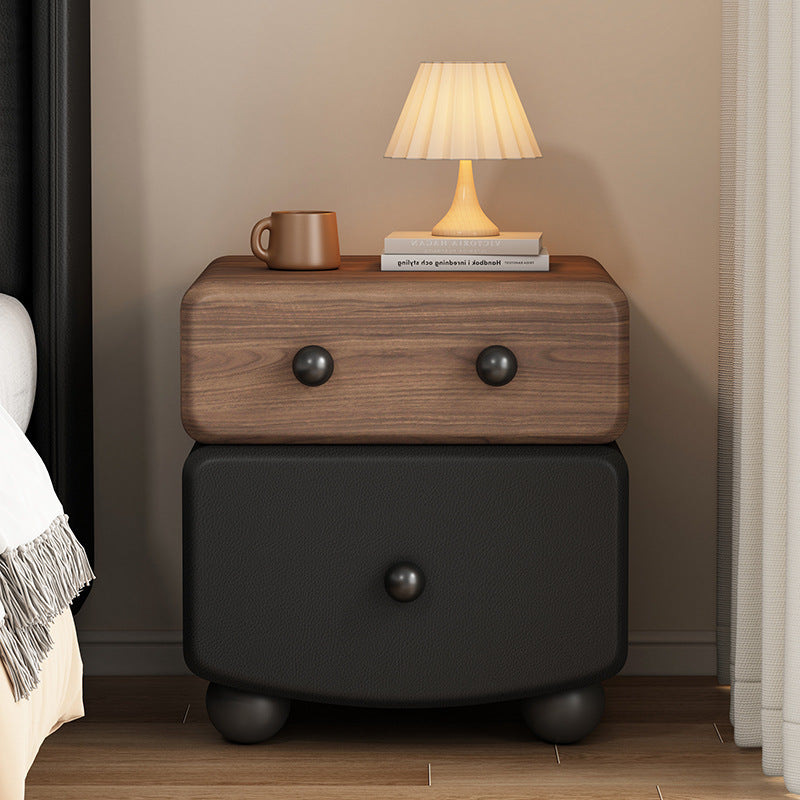 Modern Minimalist Rectangular Solid Wood Multi-layer Board Microfiber Leather Nightstand 2-Drawer For Bedroom