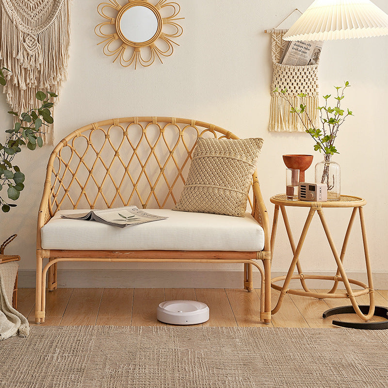 Contemporary Boho Curved Rattan Weaving Cotton Linen Fabric Sponge Sofa Backrest Armrest For Living Room