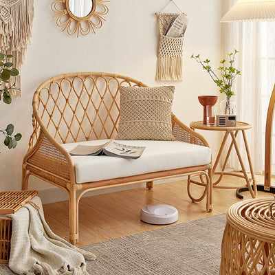 Contemporary Boho Curved Rattan Weaving Cotton Linen Fabric Sponge Sofa Backrest Armrest For Living Room