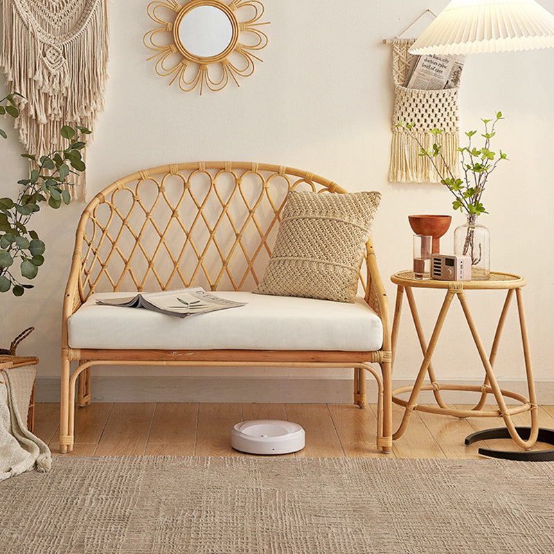 Contemporary Boho Curved Rattan Weaving Cotton Linen Fabric Sponge Sofa Backrest Armrest For Living Room
