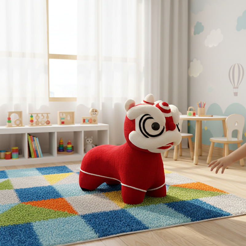Taburete de Forma de Baile de León de Esponja de Hierro de Terciopelo Chino Tradicional para Sala de Estar, Dormitorio, Vestíbulo 