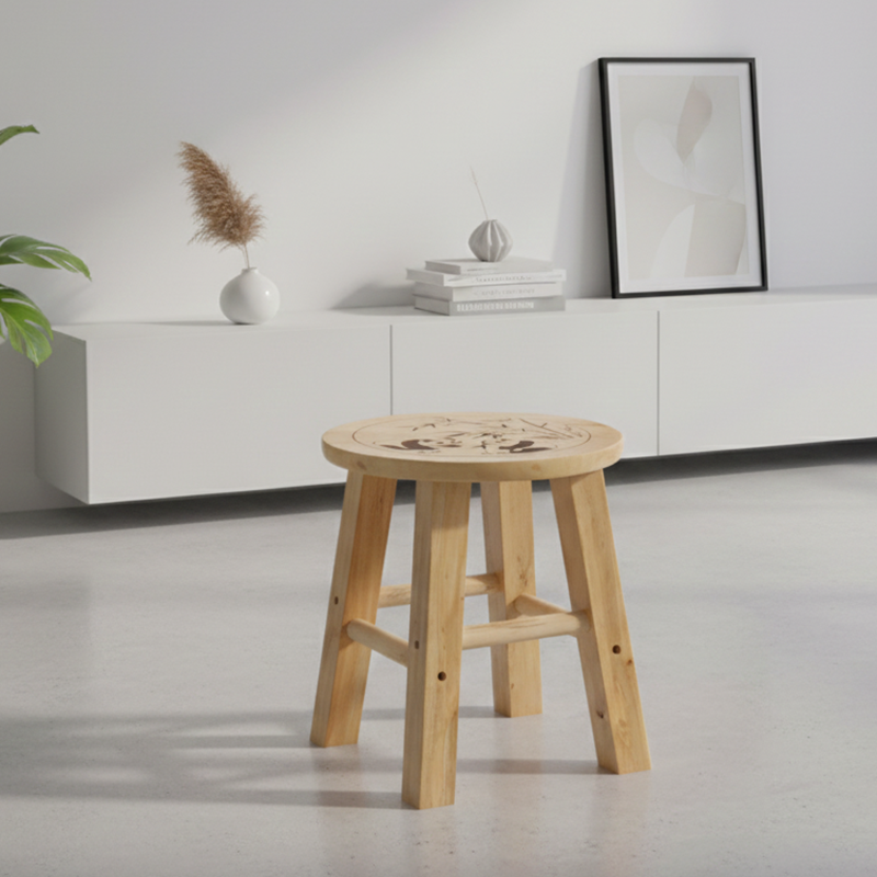 Taburete redondo de madera maciza china tradicional con acabado de patrón de panda para sala de estar, dormitorio y entrada 