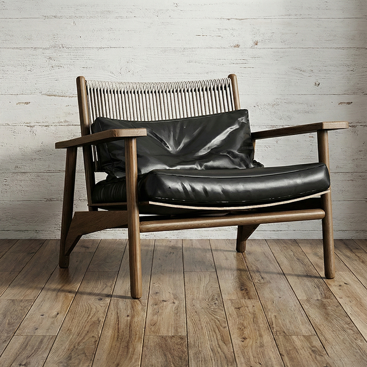 Modern Minimalist Ash Wood PU Leather Linen Sponge Rectangular Accent Chair With Backrest Armrests For Living Room And Bedroom
