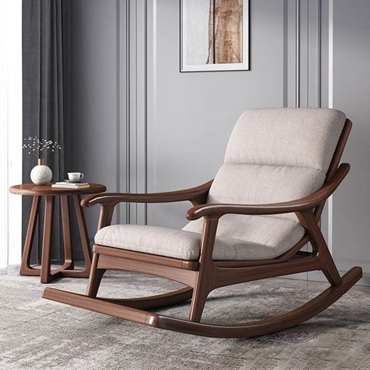 Chaise à bascule ergonomique avec dossier, accoudoirs, en chêne et lin, style minimaliste moderne, pour salon et chambre à coucher 