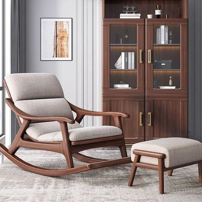 Modern Minimalist Walnut Wood Rubberwood Linen Ergonomic Backrest Rocking Chair With Armrests For Living Room And Bedroom