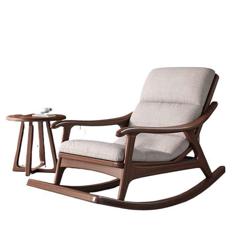 Modern Minimalist Walnut Wood Rubberwood Linen Ergonomic Backrest Rocking Chair With Armrests For Living Room And Bedroom