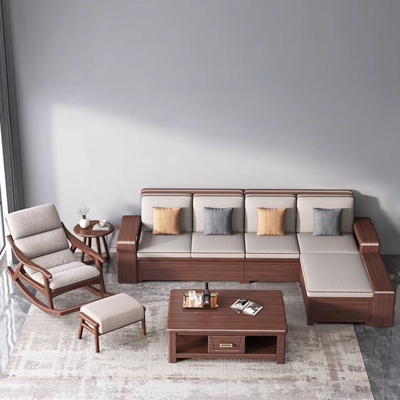 Modern Minimalist Walnut Wood Rubberwood Linen Ergonomic Backrest Rocking Chair With Armrests For Living Room And Bedroom