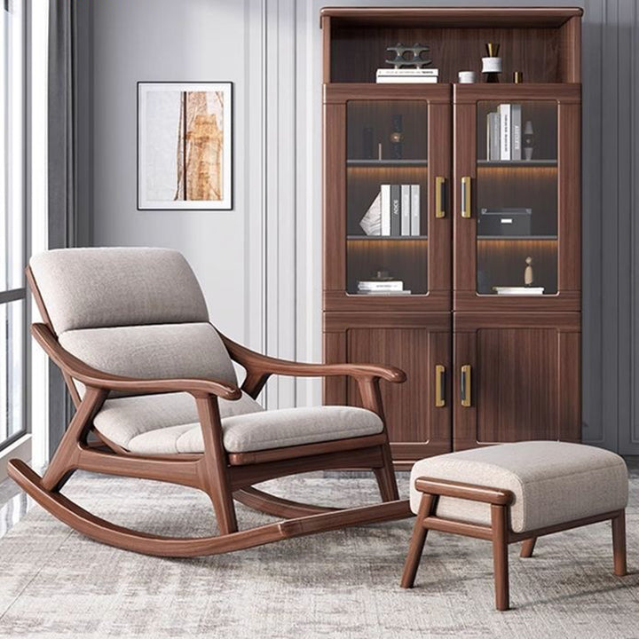 Modern Minimalist Walnut Wood Rubberwood Linen Ergonomic Backrest Rocking Chair With Armrests For Living Room And Bedroom