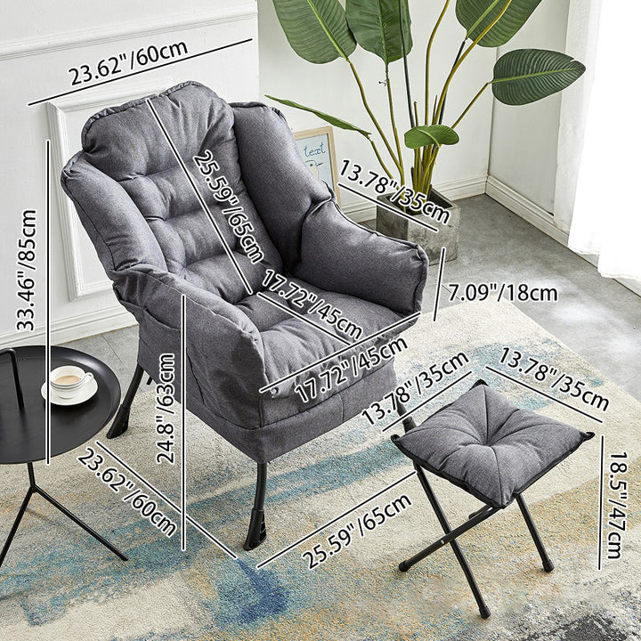 Fauteuil d'appoint carré minimaliste moderne en métal, coton, lin et daim, avec dossier et repose-pieds amovibles, pour chambre à coucher 