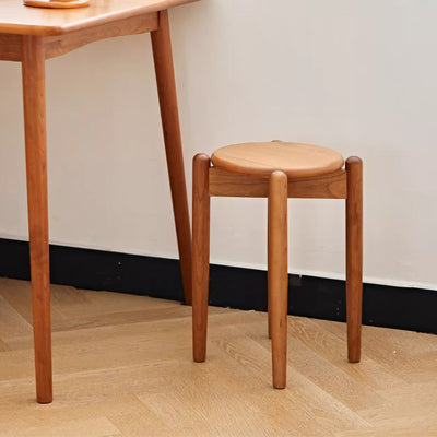 Modern Minimalist Cherry Wood Round Low Stool For Living Room