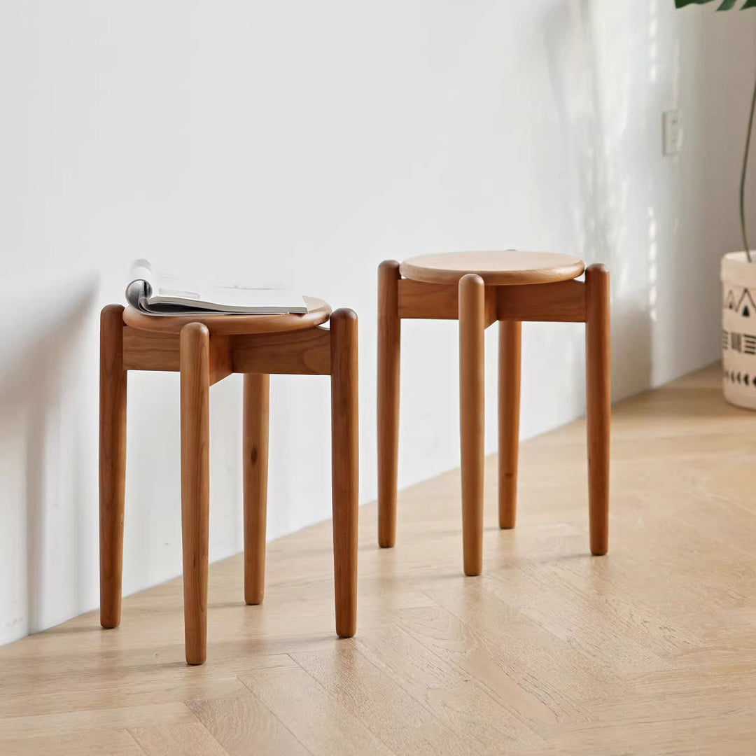 Taburete bajo redondo de madera de cerezo minimalista moderno para sala de estar 