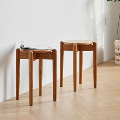 Modern Minimalist Cherry Wood Round Low Stool For Living Room