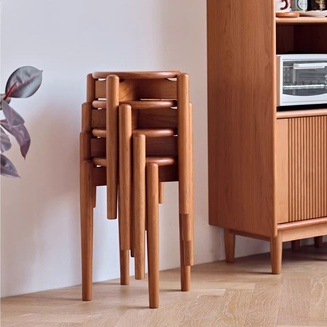 Taburete bajo redondo de madera de cerezo minimalista moderno para sala de estar 