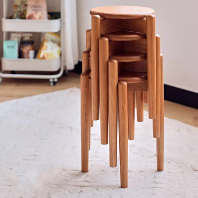 Modern Minimalist Cherry Wood Round Low Stool For Living Room