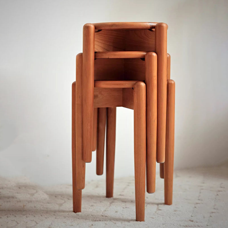Modern Minimalist Cherry Wood Round Low Stool For Living Room