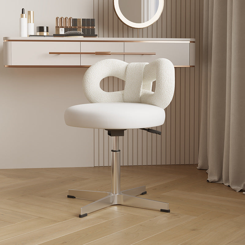 Modern Minimalist Round PU Leather Sherpa Fabric Stainless Steel Swivel Height-adjustable Vanity Stool Backrest Armless For Bedroom
