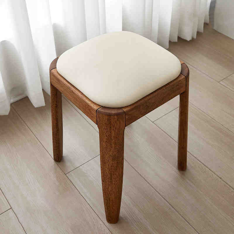 Modern Minimalist Square Rectangular Solid Rubberwood Cat Scratch Leather Low Stool For Living Room