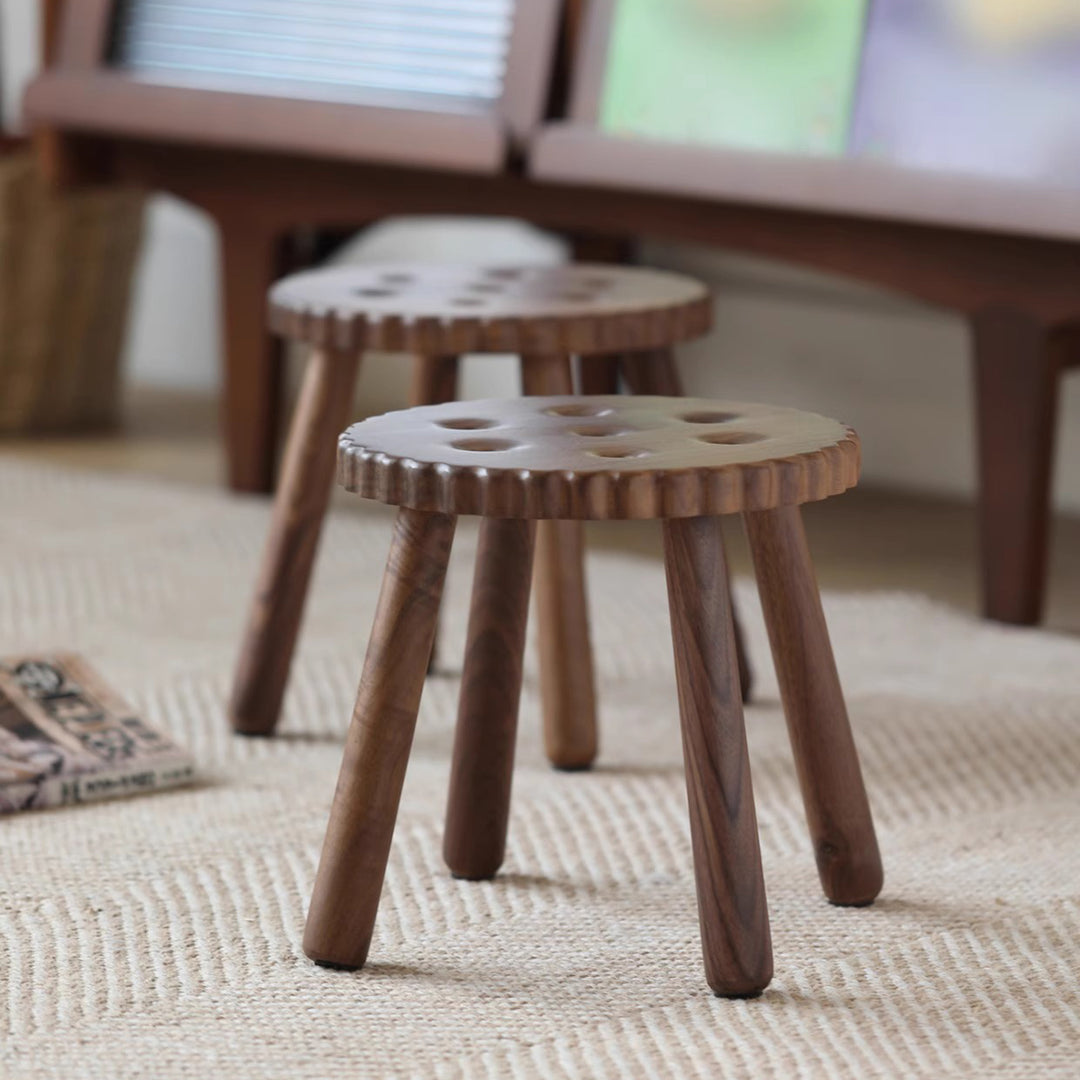 Tabouret bas rond contemporain nordique en noyer noir pour salon 
