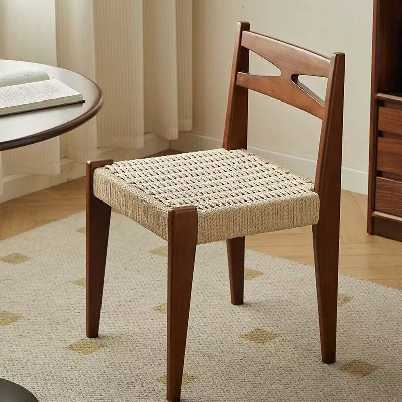 Traditional Japanese Square Rectangular Rubberwood Kraft Paper Rope Weaving Dining Chair Backrest Armless For Dining Room & Kitchen
