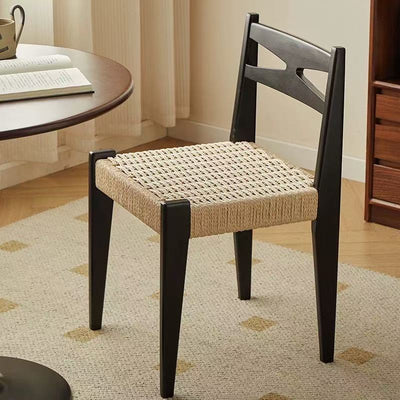 Traditional Japanese Square Rectangular Rubberwood Kraft Paper Rope Weaving Dining Chair Backrest Armless For Dining Room & Kitchen