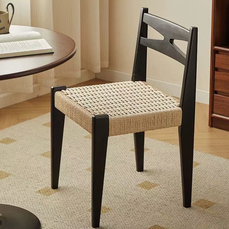 Traditional Japanese Square Rectangular Rubberwood Kraft Paper Rope Weaving Dining Chair Backrest Armless For Dining Room & Kitchen