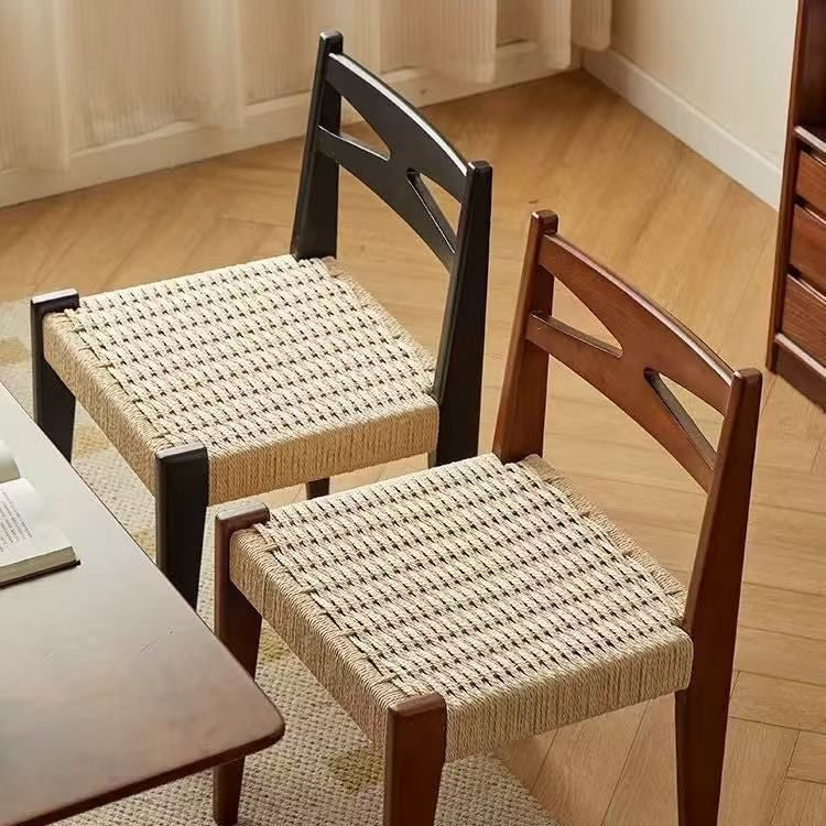 Traditional Japanese Square Rectangular Rubberwood Kraft Paper Rope Weaving Dining Chair Backrest Armless For Dining Room & Kitchen
