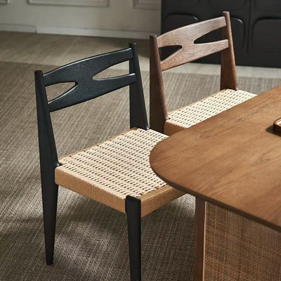Traditional Japanese Square Rectangular Rubberwood Kraft Paper Rope Weaving Dining Chair Backrest Armless For Dining Room & Kitchen