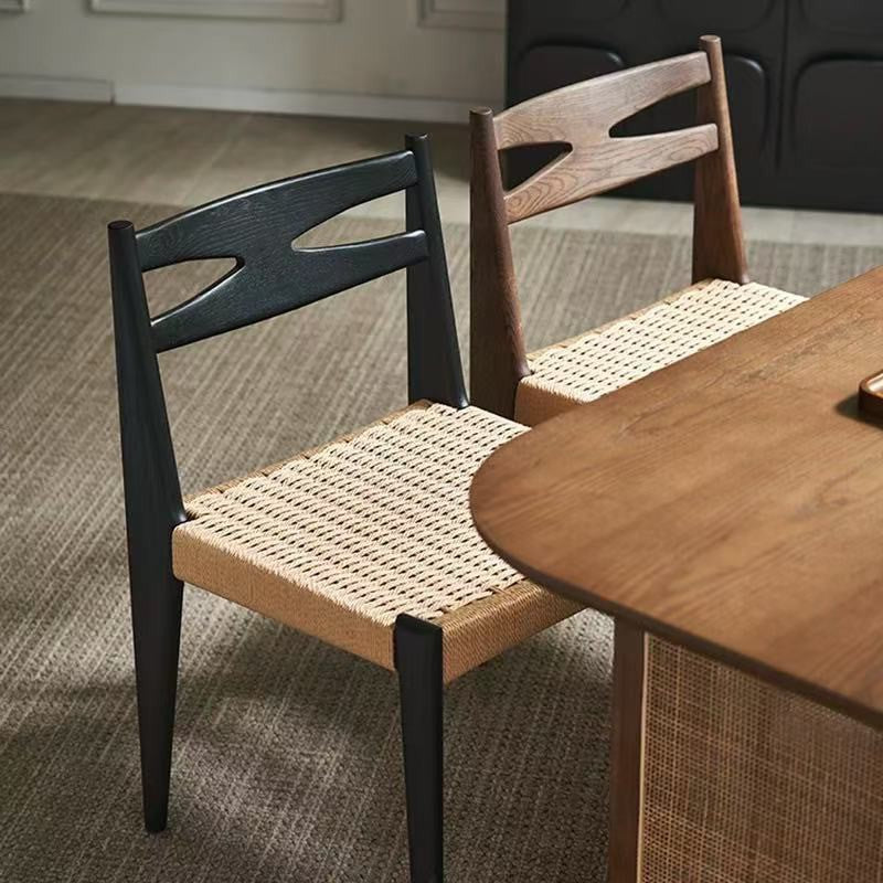 Traditional Japanese Square Rectangular Rubberwood Kraft Paper Rope Weaving Dining Chair Backrest Armless For Dining Room & Kitchen