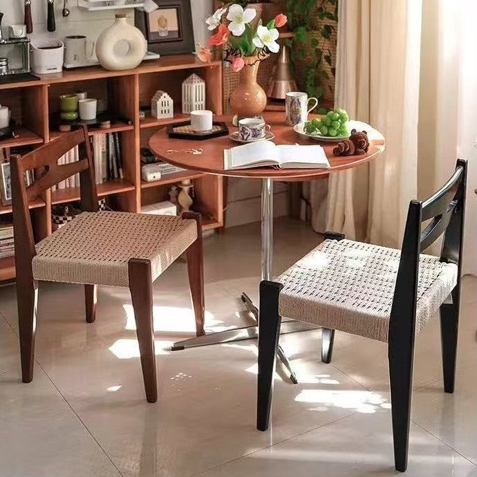 Traditional Japanese Square Rectangular Rubberwood Kraft Paper Rope Weaving Dining Chair Backrest Armless For Dining Room & Kitchen