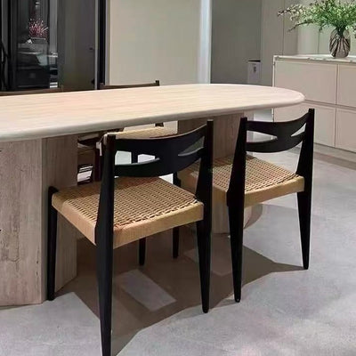 Traditional Japanese Square Rectangular Rubberwood Kraft Paper Rope Weaving Dining Chair Backrest Armless For Dining Room & Kitchen