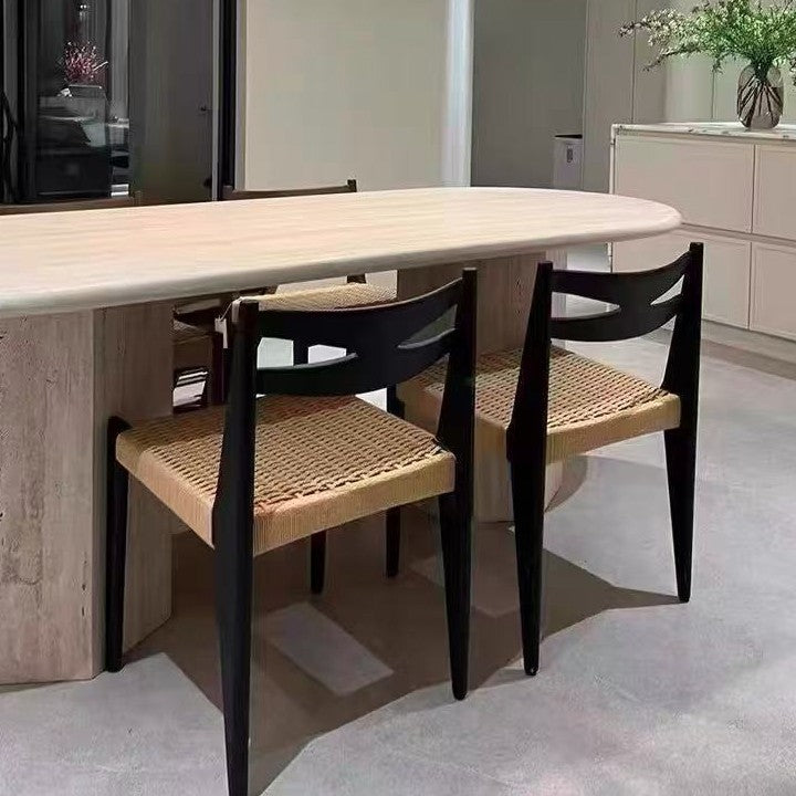 Traditional Japanese Square Rectangular Rubberwood Kraft Paper Rope Weaving Dining Chair Backrest Armless For Dining Room & Kitchen