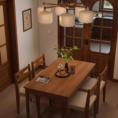 Traditional Japanese Square Rectangular Rubberwood Kraft Paper Rope Weaving Dining Chair Backrest Armless For Dining Room & Kitchen