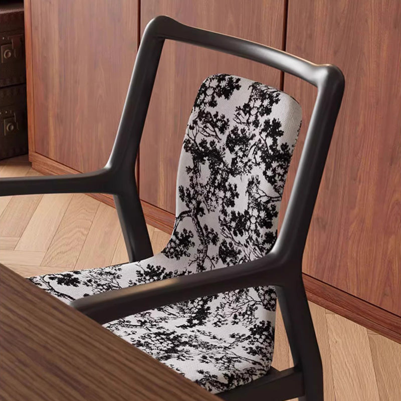 Traditional Chinese Square Rectangular Solid Ash Wood Velvet Dining Chair Backrest Armrest For Dining Room & Kitchen