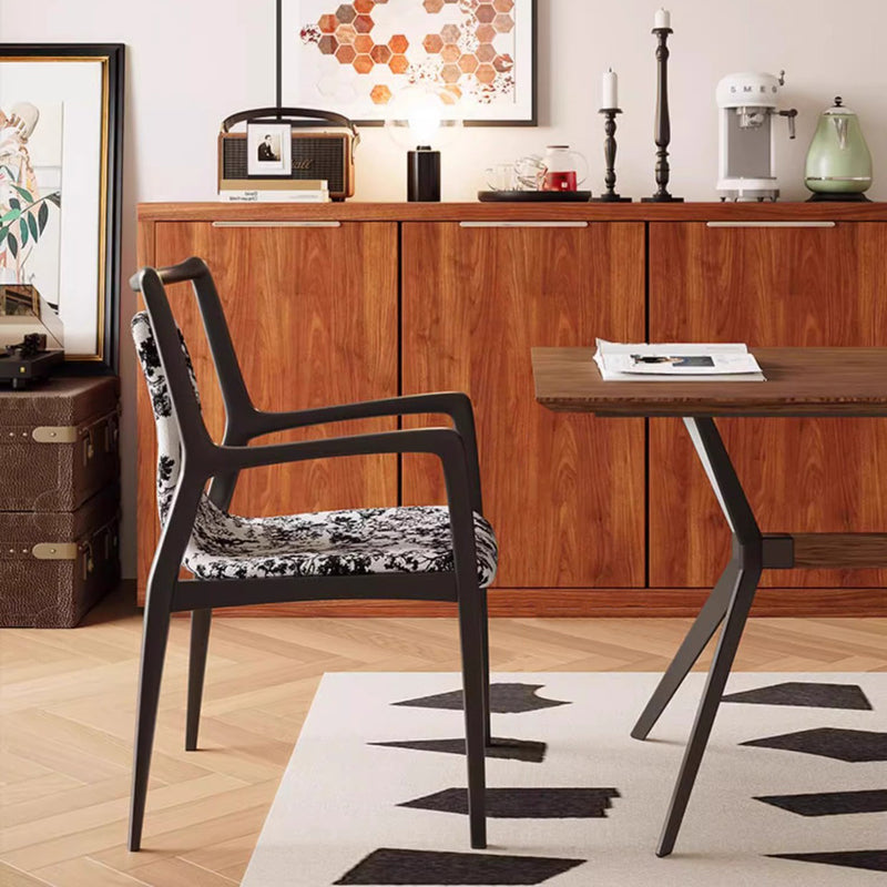 Traditional Chinese Square Rectangular Solid Ash Wood Velvet Dining Chair Backrest Armrest For Dining Room & Kitchen