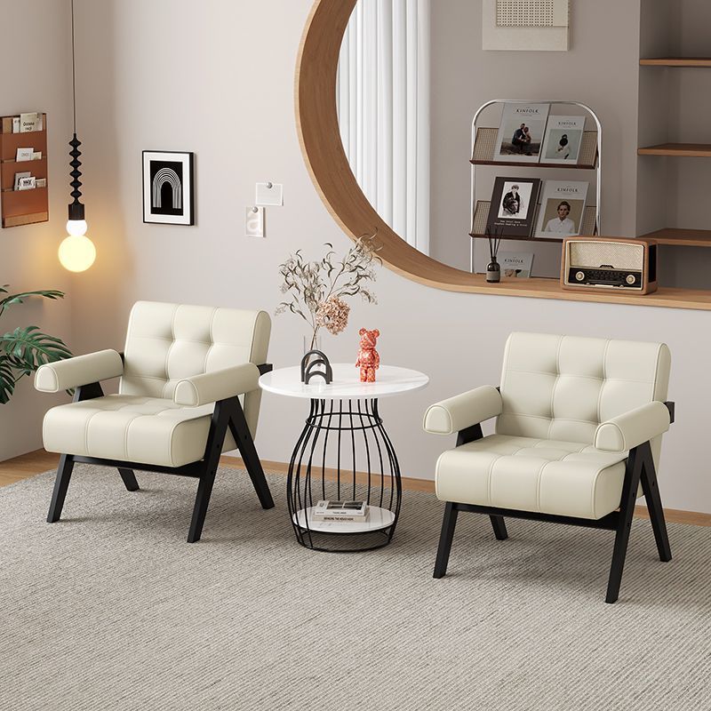 Modern Minimalist Square Rectangular Rubberwood Solid Wood Plywood Cat Scratch Leather Sintered Stone Rebar Frame Accent Chair & Table Set For Living Room