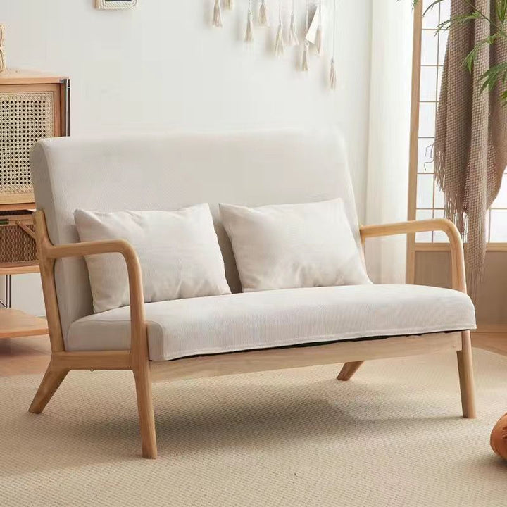 Zeitgenössisches nordisches quadratisch-rechteckiges Sofa- und Tischset aus Gummibaumholz und Baumwoll-Leinen für das Wohnzimmer 