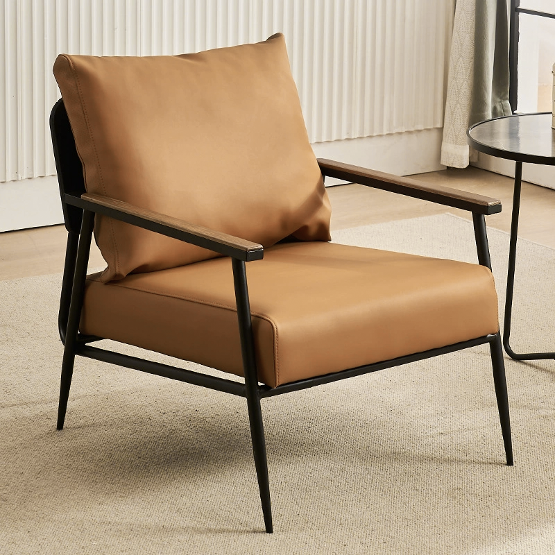 Moderner minimalistischer quadratischer rechteckiger Eisen-Gummibaum-Kiefernsperrholz-Kratzleder-Abnehmbarer Akzentstuhl Rückenlehne Armlehne für Wohnzimmer 