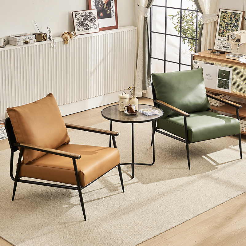 Modern Minimalist Square Rectangular Iron Rubberwood Pine Plywood Cat Scratch Leather Removable Accent Chair Backrest Armrest For Living Room