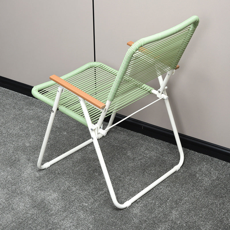 Modern Minimalist Square Rectangular PE Rattan Beech Wood Iron Pipe Weaving Foldable Camping Chair Backrest Armrest For Outdoor