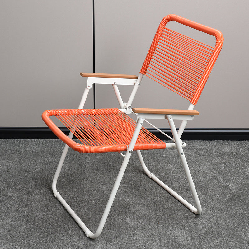 Modern Minimalist Square Rectangular PE Rattan Beech Wood Iron Pipe Weaving Foldable Camping Chair Backrest Armrest For Outdoor