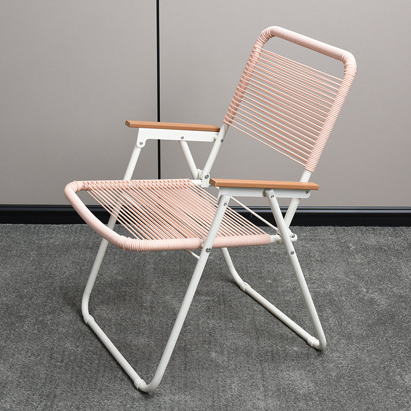 Modern Minimalist Square Rectangular PE Rattan Beech Wood Iron Pipe Weaving Foldable Camping Chair Backrest Armrest For Outdoor