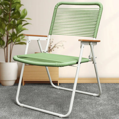 Modern Minimalist Square Rectangular PE Rattan Beech Wood Iron Pipe Weaving Foldable Camping Chair Backrest Armrest For Outdoor