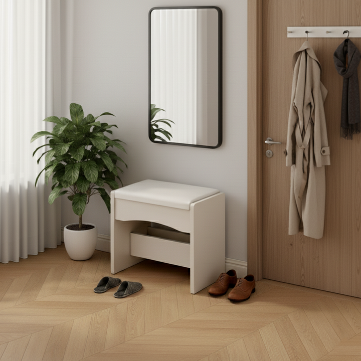 Taburete bajo contemporáneo nórdico cuadrado rectangular de tablero de densidad con cuero PU para sala de estar 