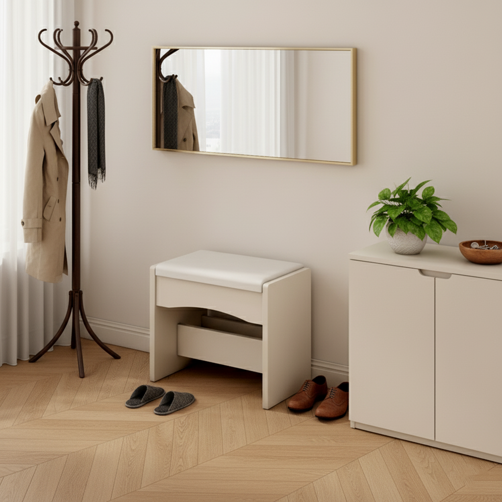 Taburete bajo contemporáneo nórdico cuadrado rectangular de tablero de densidad con cuero PU para sala de estar 