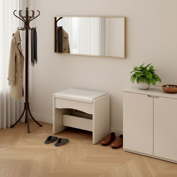 Taburete bajo contemporáneo nórdico cuadrado rectangular de tablero de densidad con cuero PU para sala de estar 