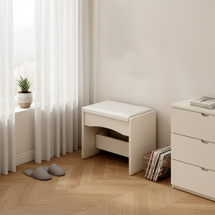 Taburete bajo contemporáneo nórdico cuadrado rectangular de tablero de densidad con cuero PU para sala de estar 