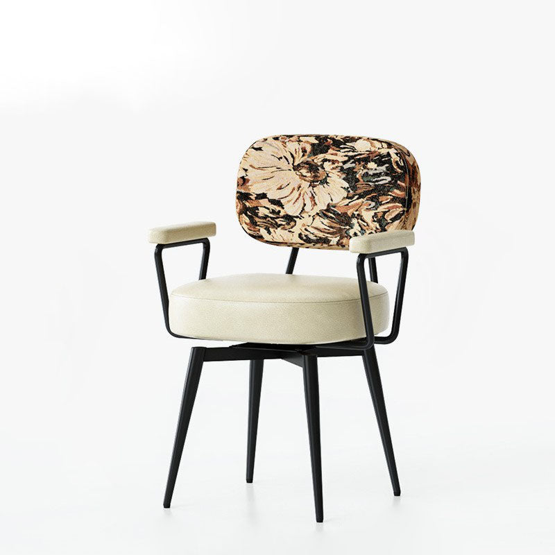 Contemporary Nordic Square Rectangular Carbon Steel Oil Wax Leather Jacquard Fabric Sunflower Pattern 360°Swivel Desk Chair Backrest Armrest For Home Office