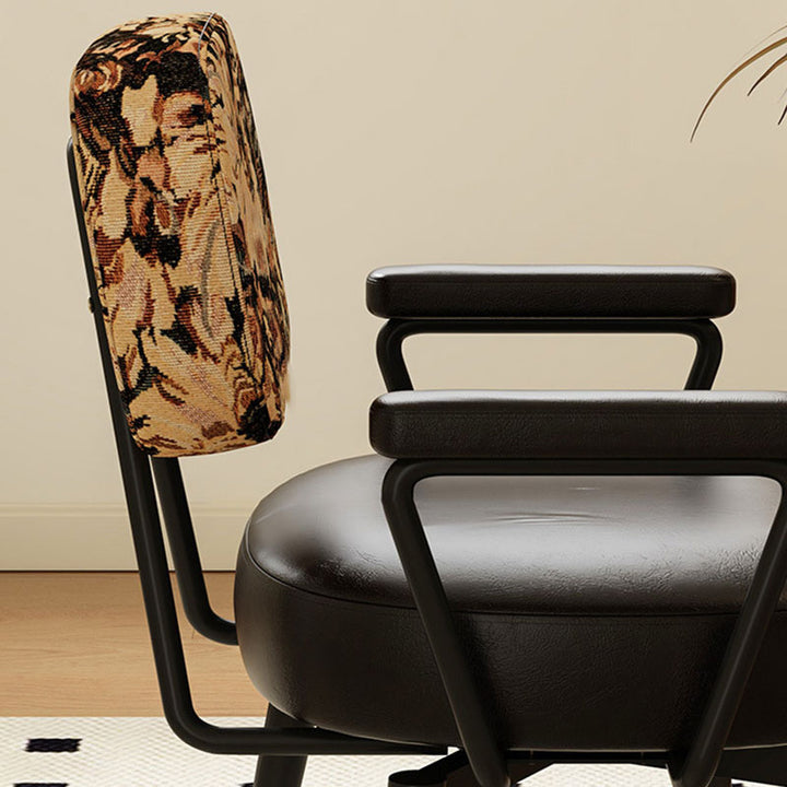 Contemporary Nordic Square Rectangular Carbon Steel Oil Wax Leather Jacquard Fabric Sunflower Pattern 360°Swivel Desk Chair Backrest Armrest For Home Office