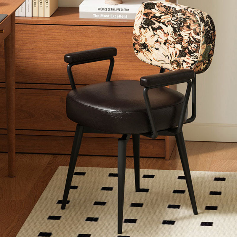 Contemporary Nordic Square Rectangular Carbon Steel Oil Wax Leather Jacquard Fabric Sunflower Pattern 360°Swivel Desk Chair Backrest Armrest For Home Office