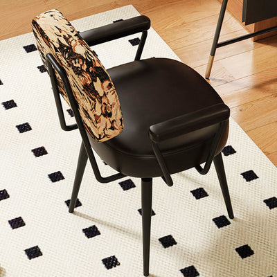 Contemporary Nordic Square Rectangular Carbon Steel Oil Wax Leather Jacquard Fabric Sunflower Pattern 360°Swivel Desk Chair Backrest Armrest For Home Office